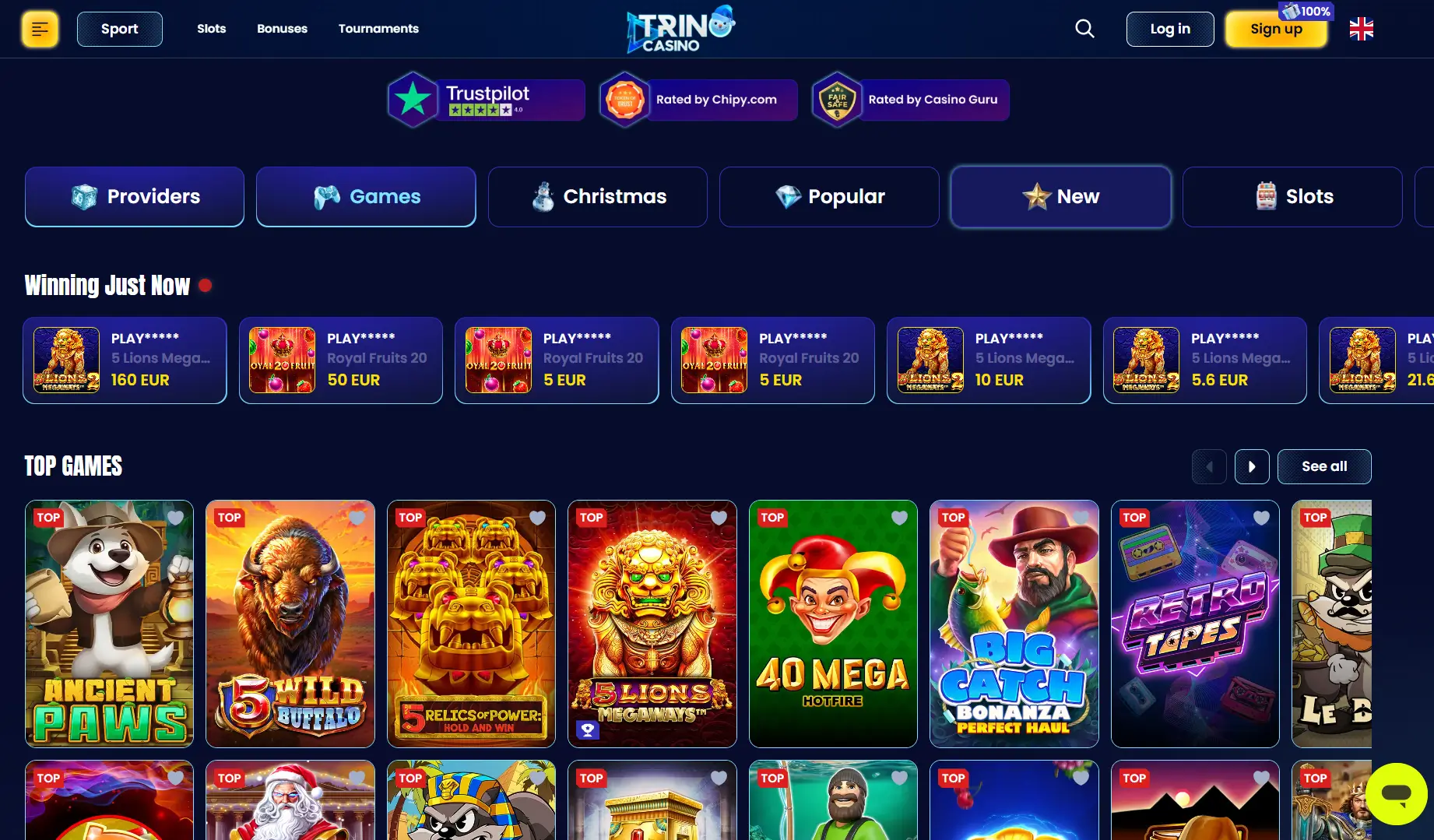 Trino Casino spēļu vestibils ar spēļu automātiem un populāriem spēļu nosaukumiem