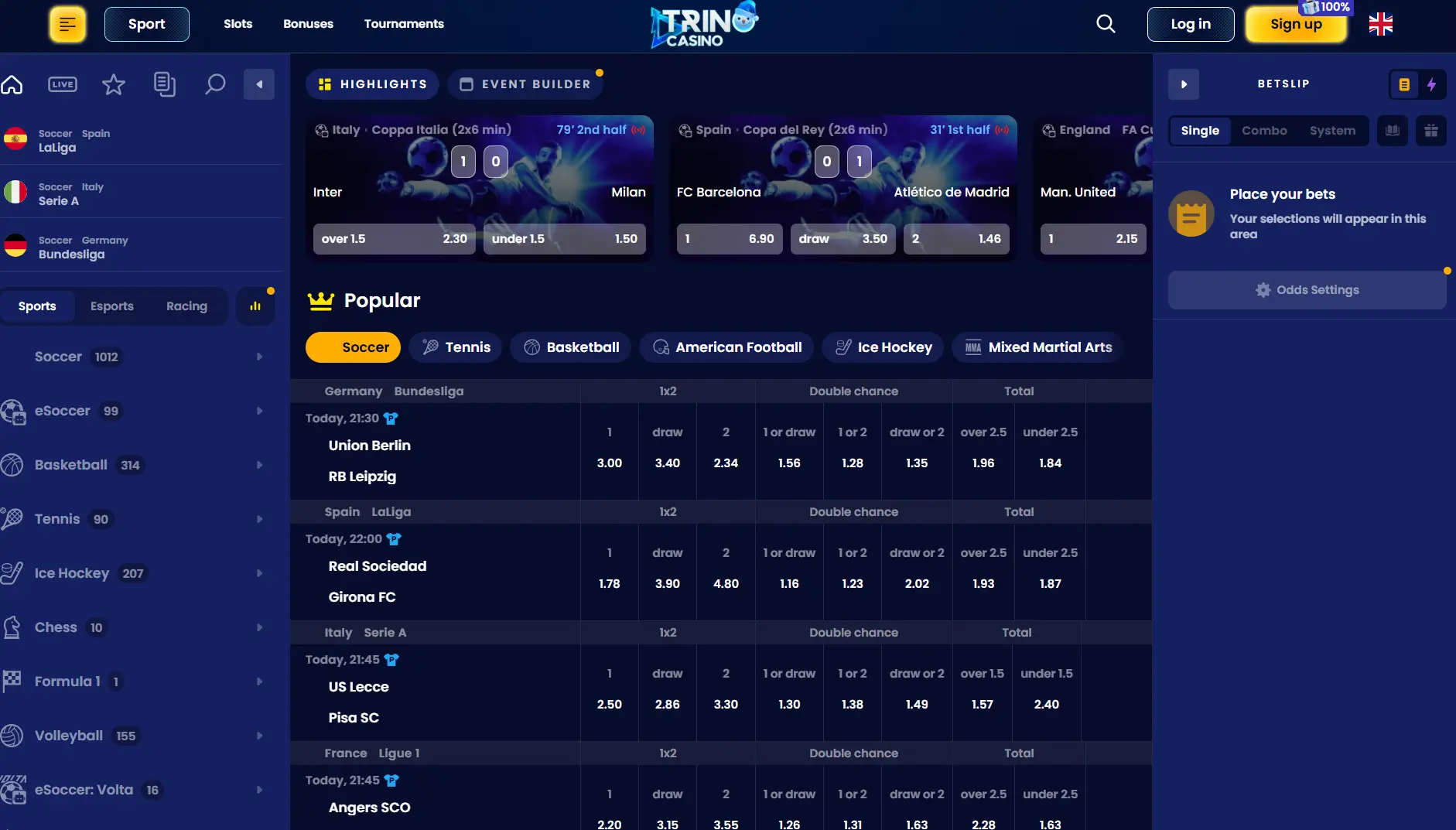 Trino Casino sporta likmju panelis ar tiešraides spēlēm un koeficientiem